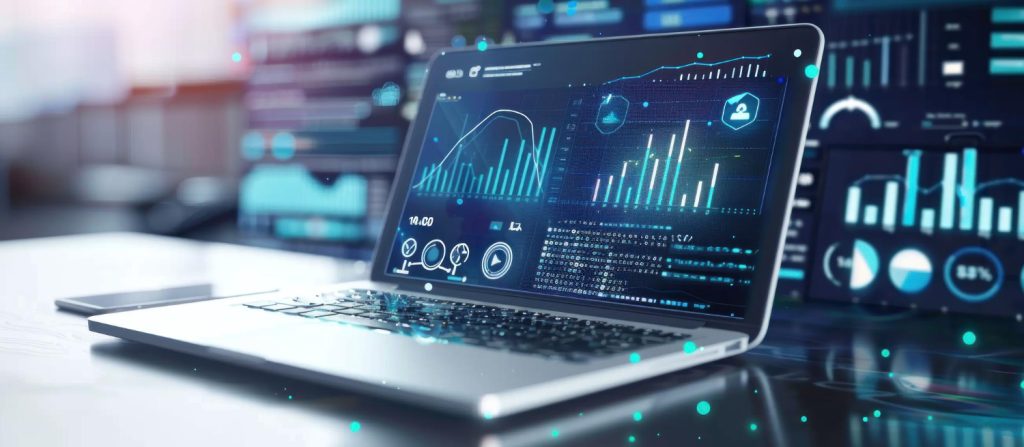 Business intelligence dashboard on laptop showing SEO metrics
