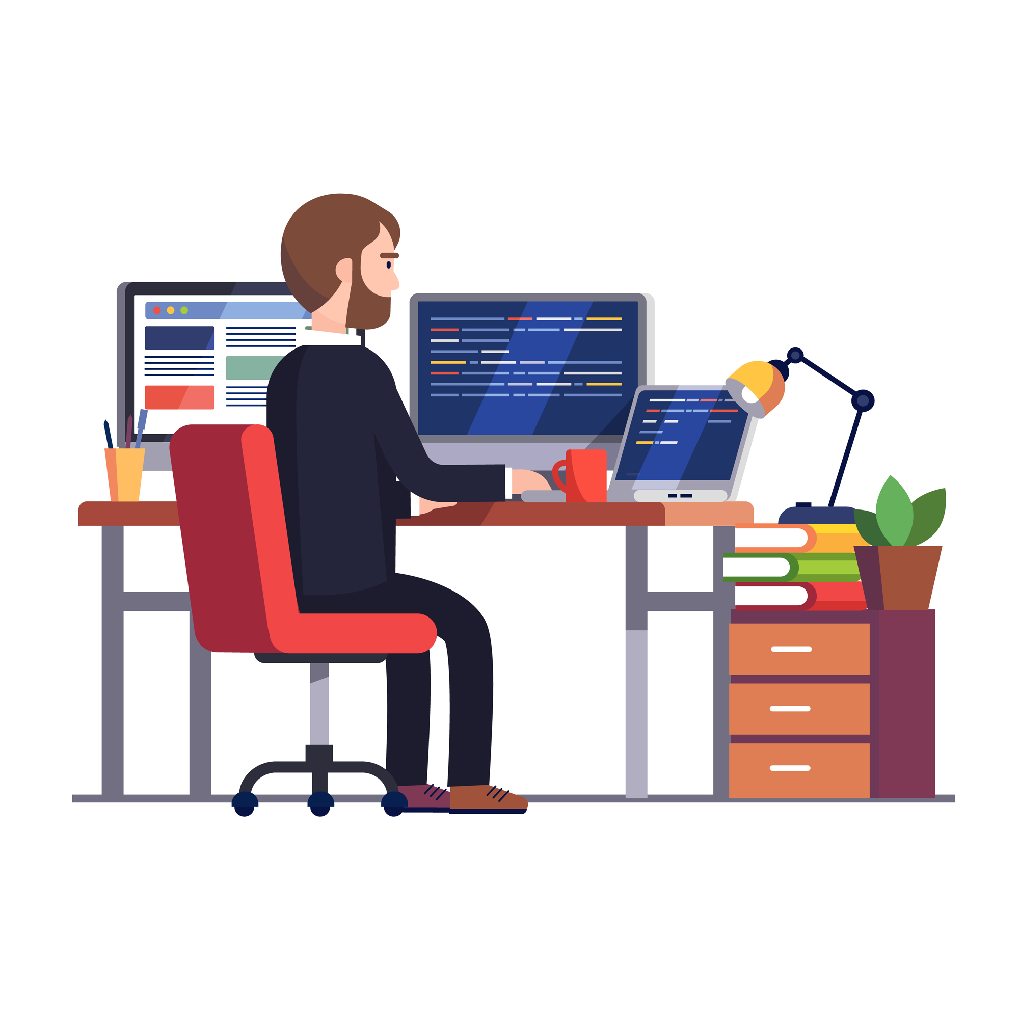 Developer workspace with dual monitors illustrating technical SEO implementation
