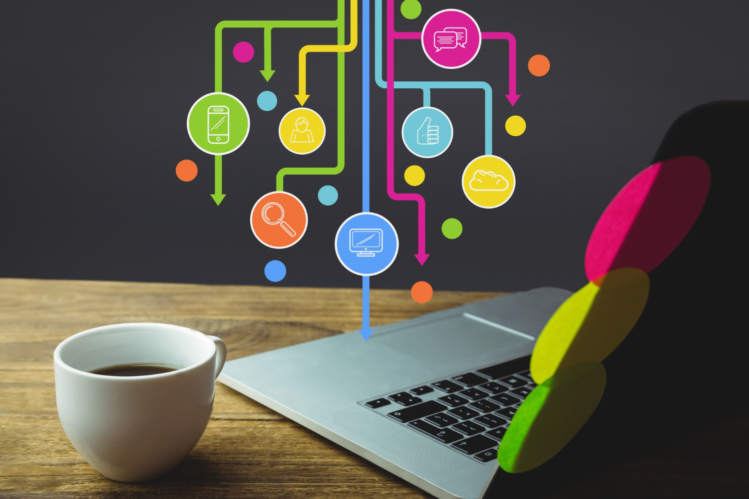 Digital marketing workflow planning with laptop and coffee on desk