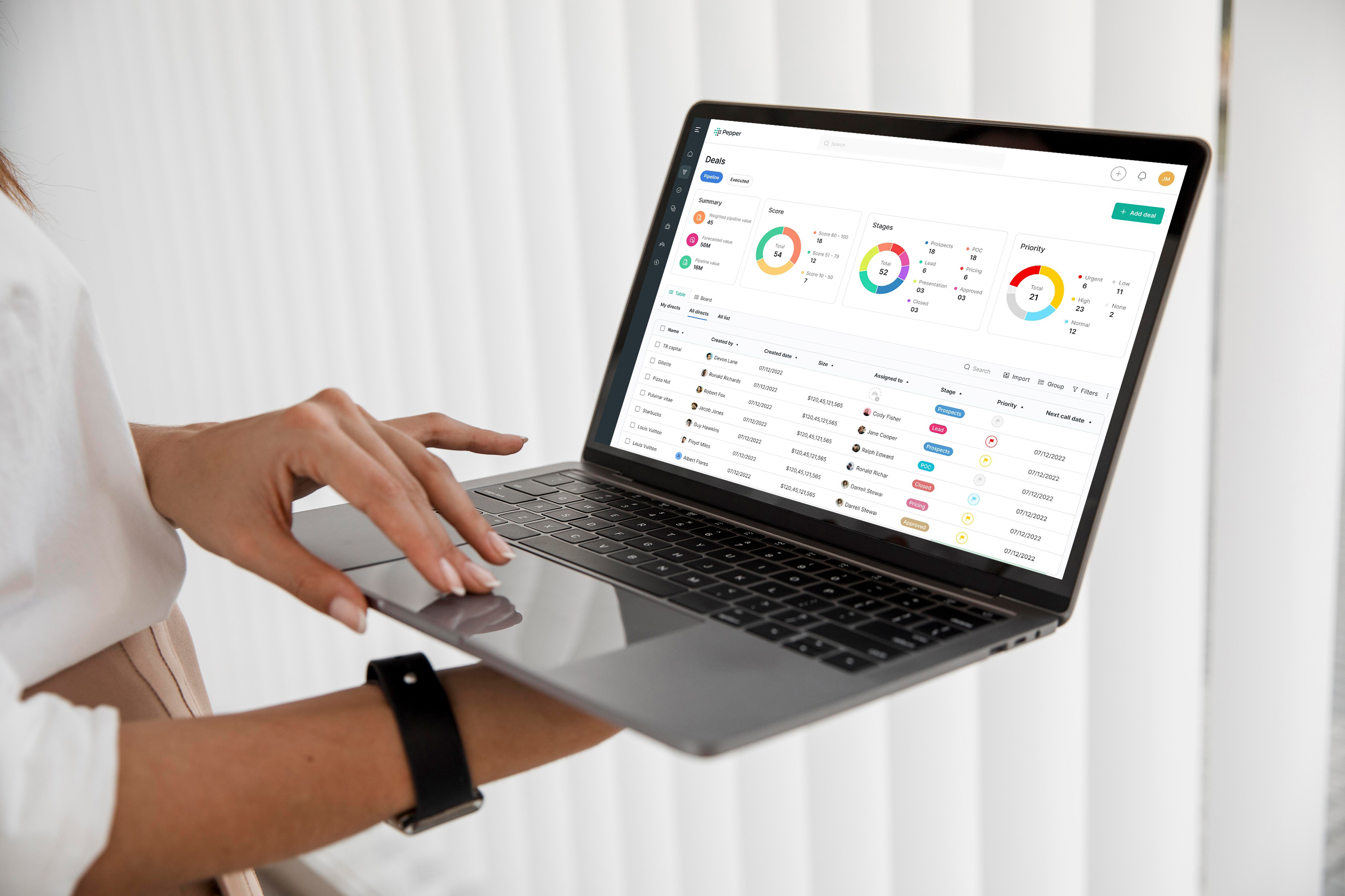 Woman interacting with analytics dashboard on laptop